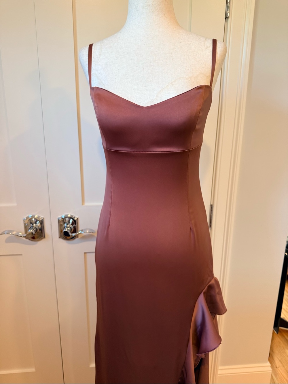 Nookie Sasha Satin High-Slit Ruffle Slip Dress in Mocha - Picture 6 of 15